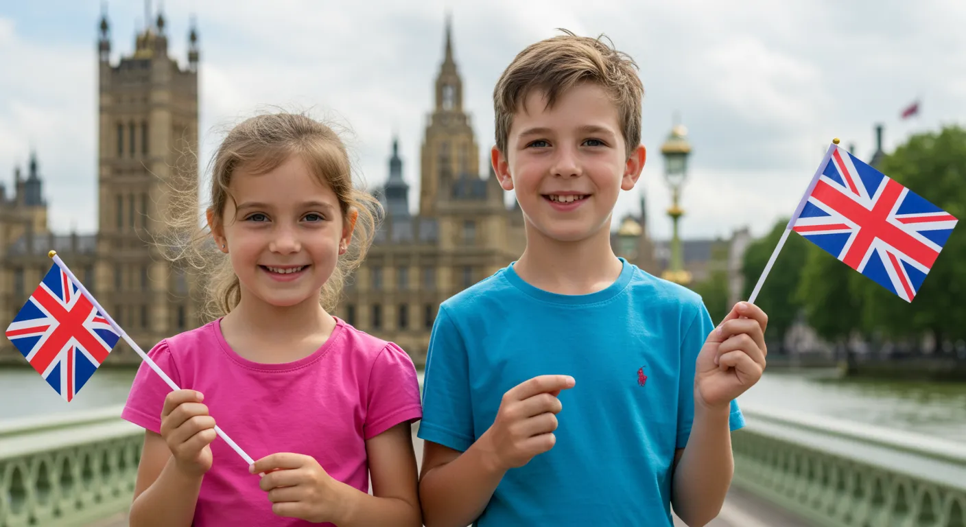Dwoje dzieci trzymające flagi Wielkiej Brytanii na tle Big Bena