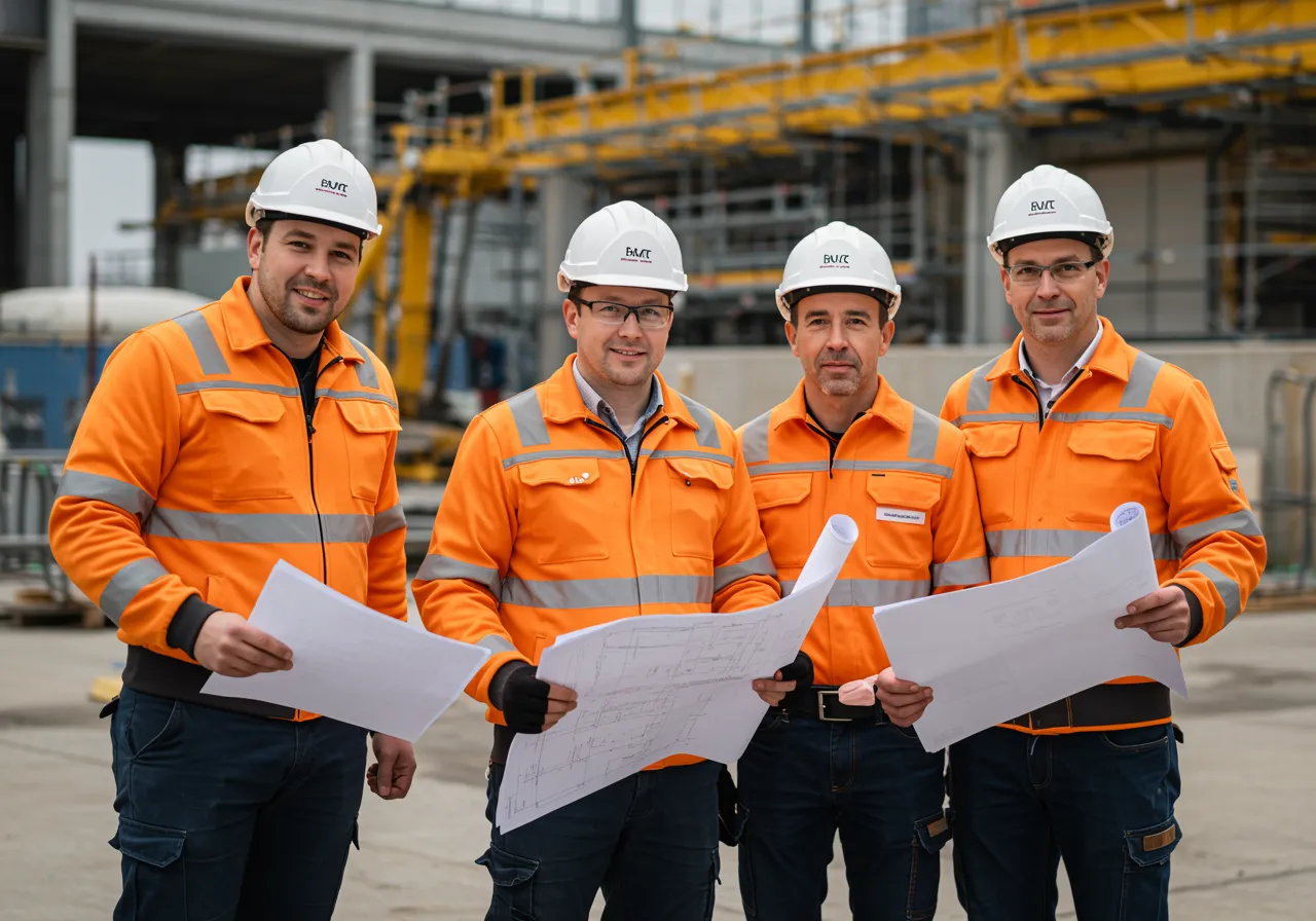 Zespół inżynierów na budowie w Niemczech. W rękach mają dokumentacje i plany techniczne